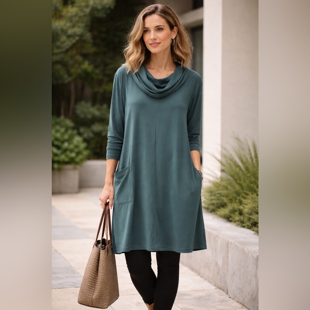 Bryn Walker Teal Cowl Neck Tunic Dress Pocket Long Sleeve Made in USA Medium